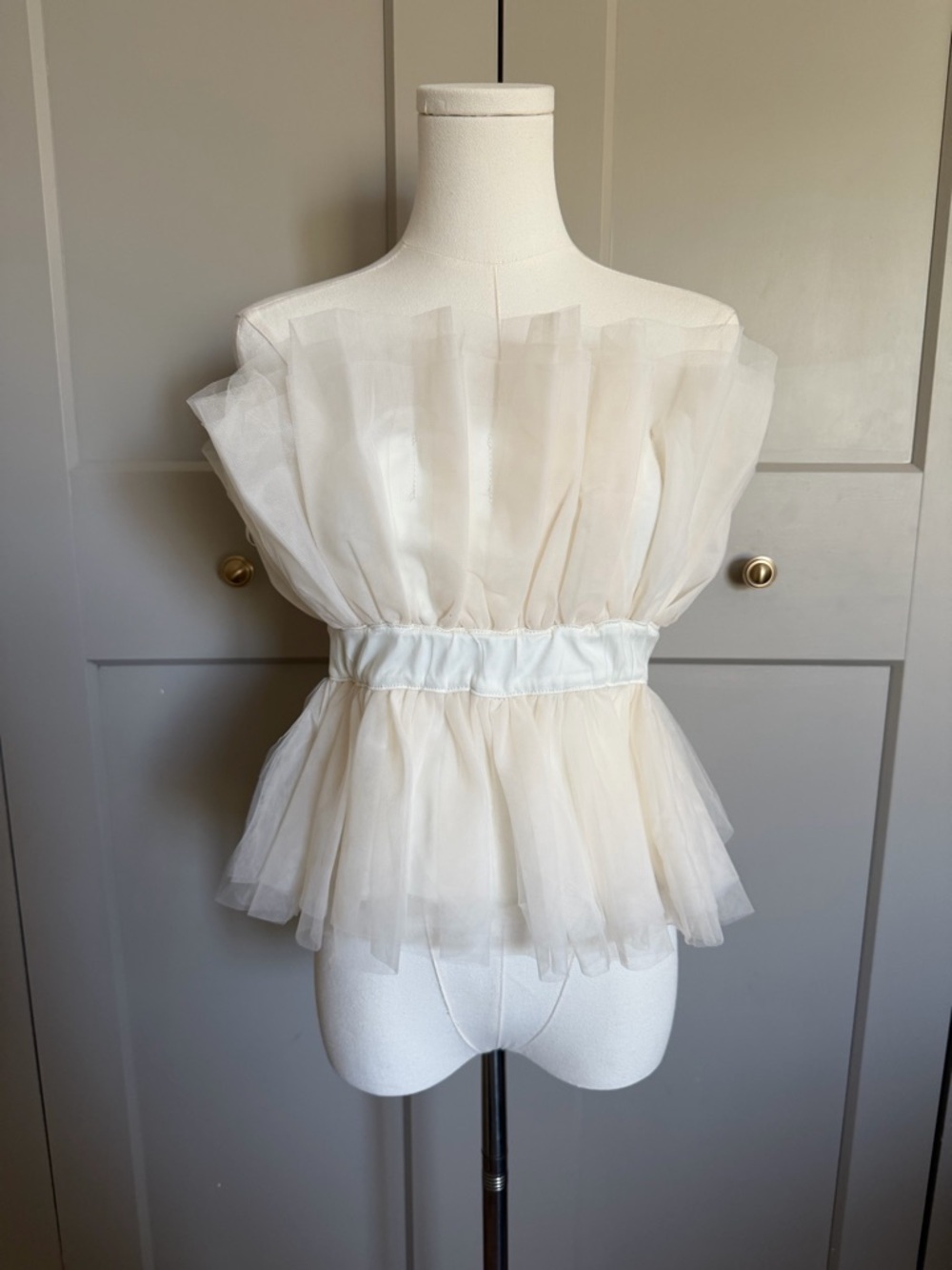 NWT Cream Tulle Peplum Top Ruffle Babydoll Sheer Statement Blouse
